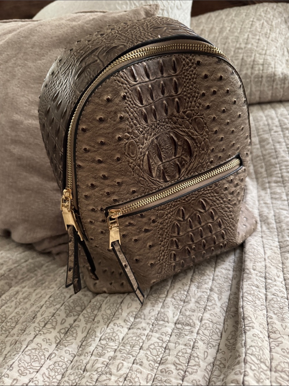 Textured Croc-Embossed Mini Backpack - Taupe with Gold Hardware